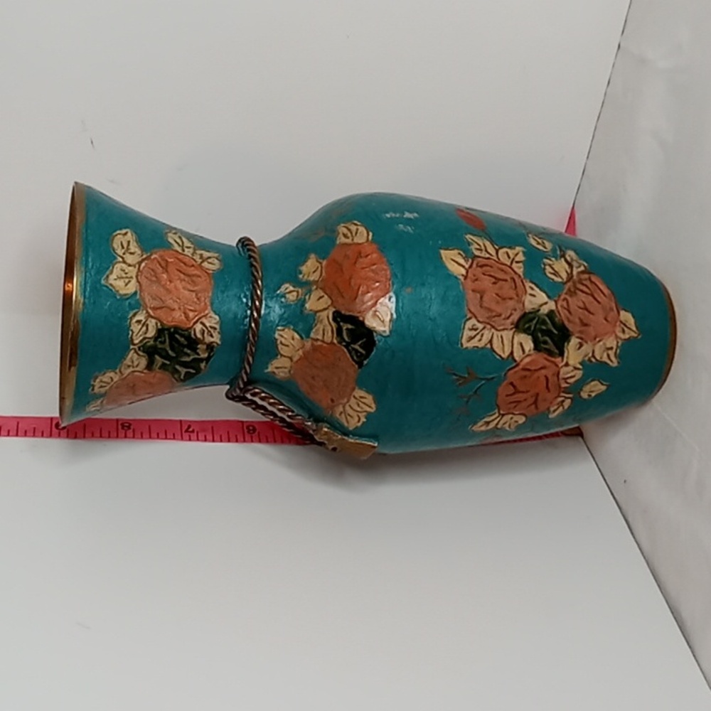 MCM Vintage Hand Painted Floral Brass Vase